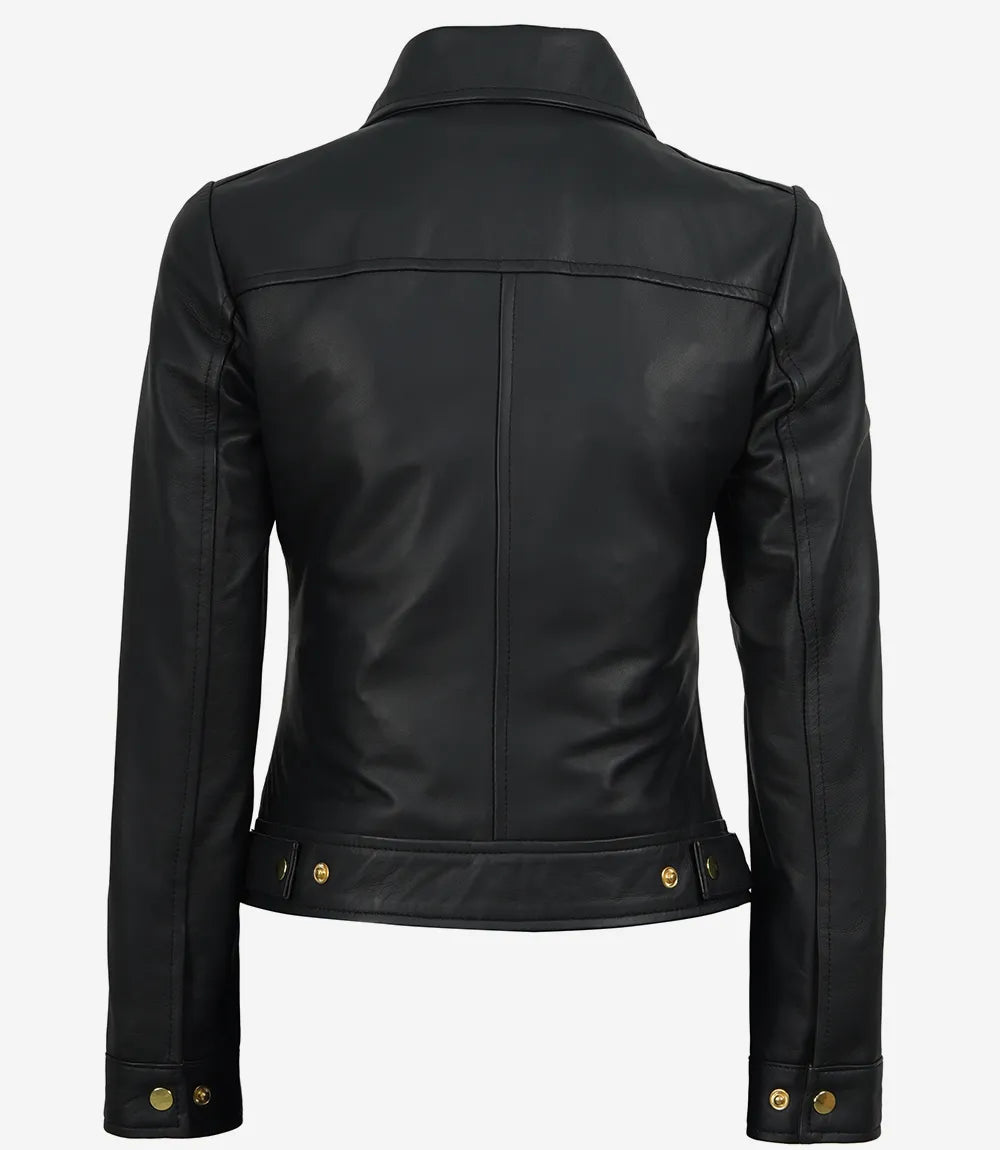Jose Women's Black Harrington Leather Jacket with Golden Details