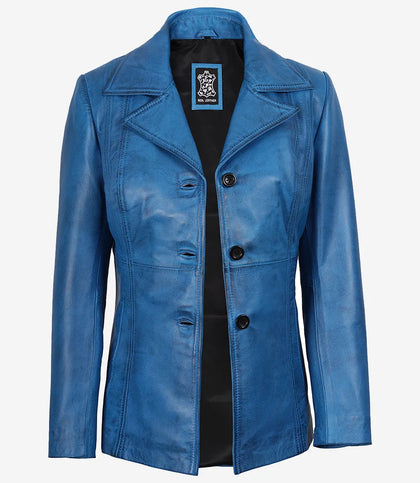Womens Blue Waxed Leather Coat - Three Button