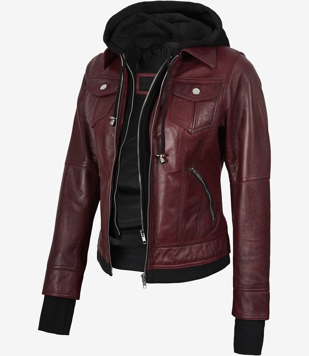 Womens Burgundy Bomber Leather Jacket With Removable Hood