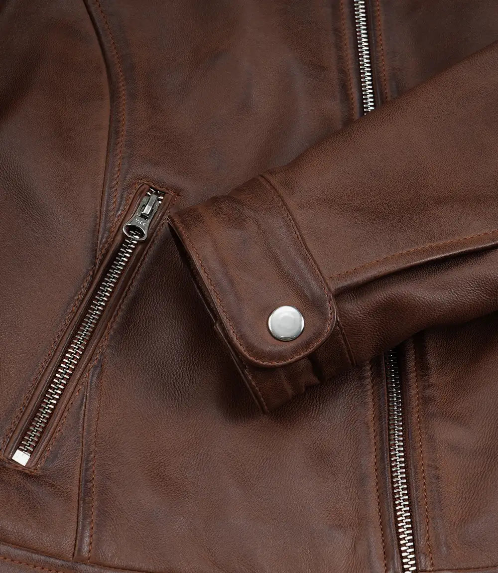 Women's Cognac Waxed Lambskin Biker Style Leather Jacket