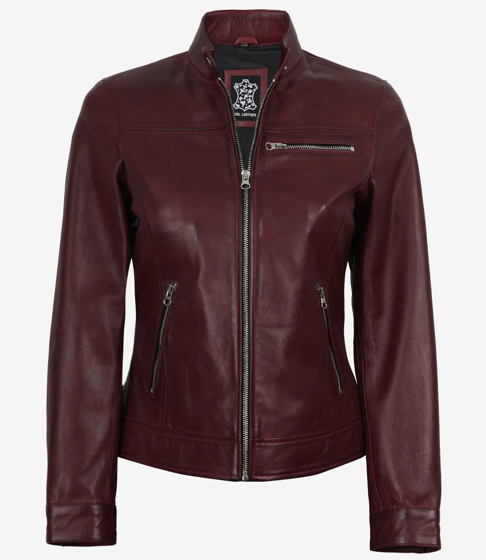 Women's Burgundy Waxed Lambskin Biker Style Leather Jacket