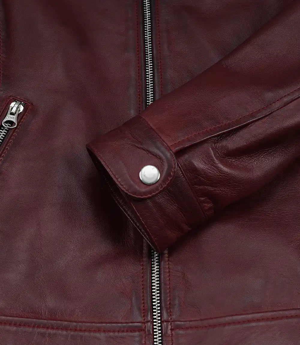 Women's Burgundy Waxed Lambskin Biker Style Leather Jacket