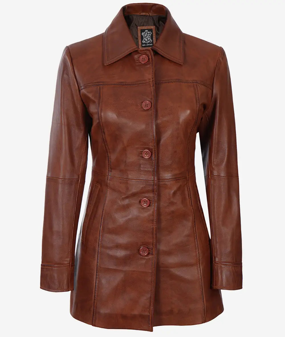 Womens Petite Cognac 3 Quarter Leather Coat